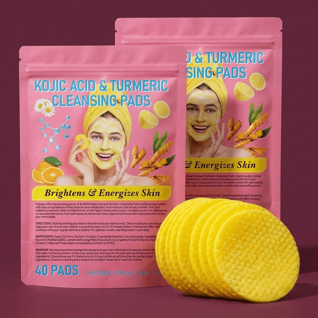 Two Glow Pads pouches with a stack of pads on a deep plum background